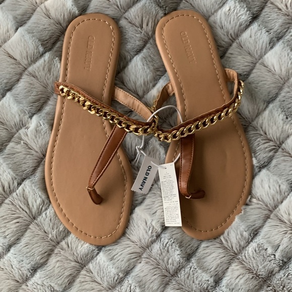 Old Navy Nude Faux-Leather T-Strap Chain Sandals Size 7 New With Tags - Picture 2 of 4